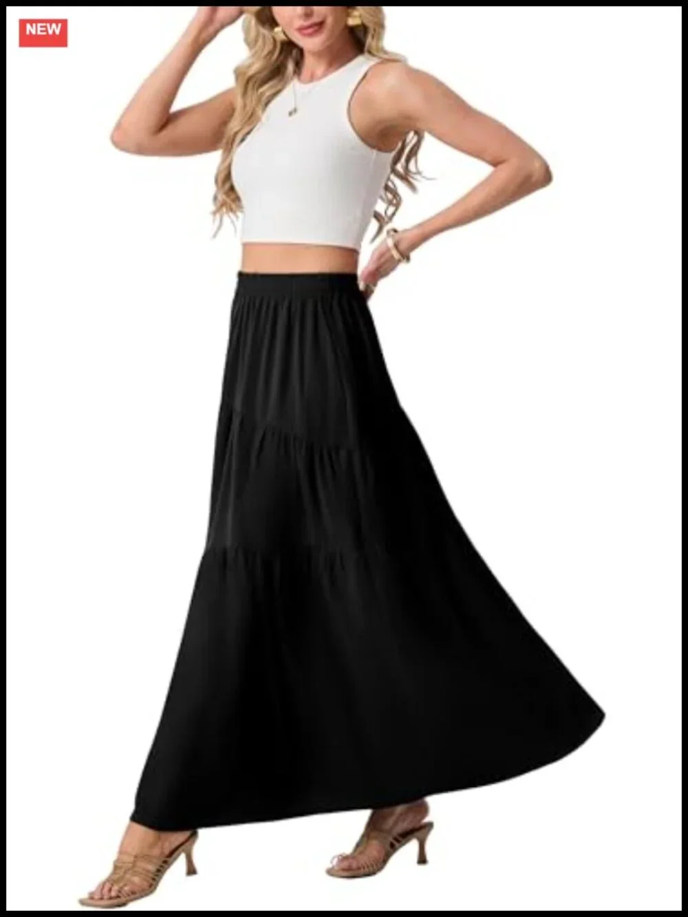 Women's High Waist Maxi Skirt with Pockets Flowy Tiered Boho Casual Lightweight